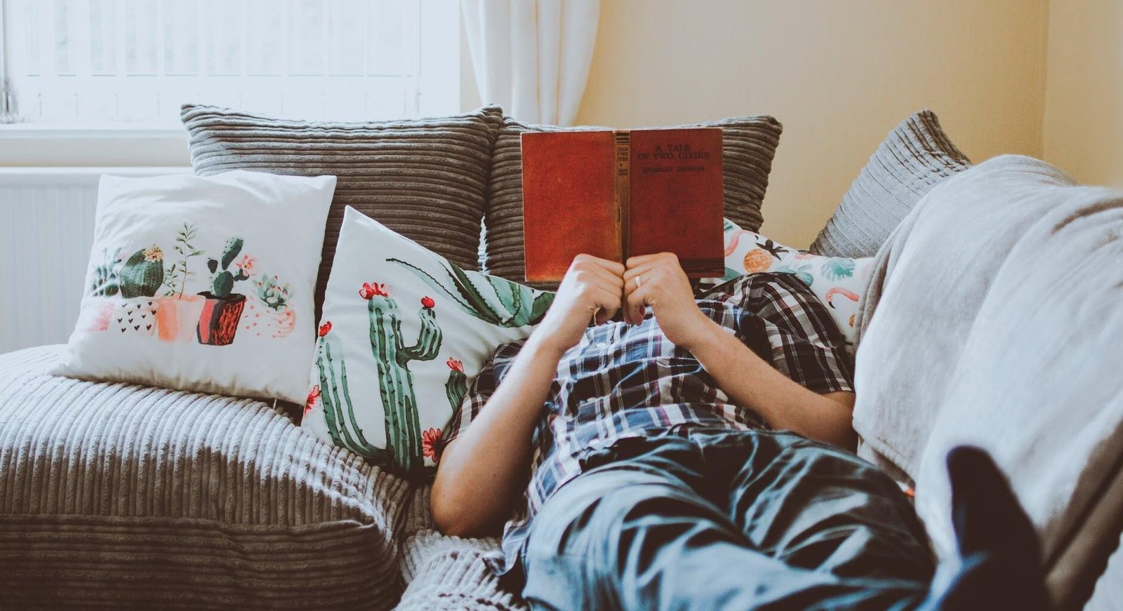 person laying on sofa while reading book